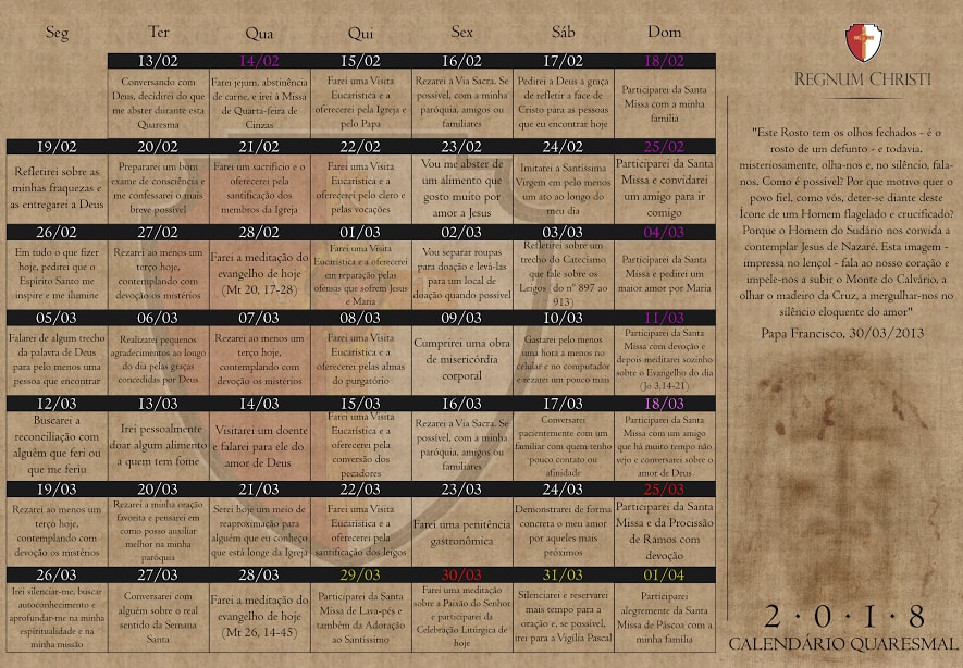 Calendário Quaresmal 2018 - Regnum Christi