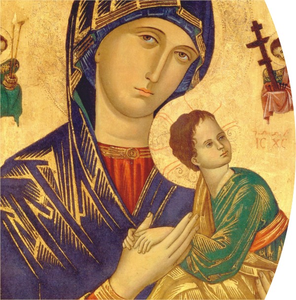 Maria, ao mesmo tempo que nos acolhe com seu olhar, com a mão aberta nos indica Jesus Cristo como nosso redentor, nosso Perpétuo Socorro.